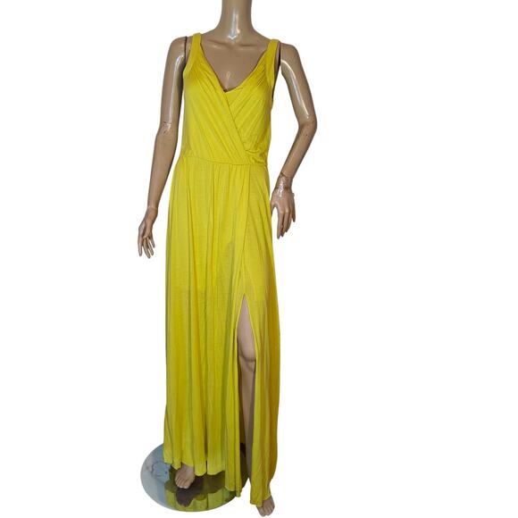 BCBGMAXAZRIA Yellow Sleeveless Maxi Dress V-Neck Slit Elegant Size S - Picture 1 of 4